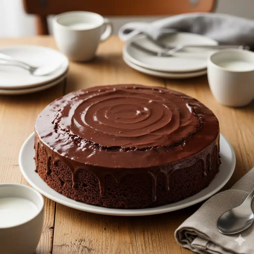 Gâteau au chocolat sans sucre et sans farine, magnifiquement glacé, sur une table en bois avec des tasses de lait.