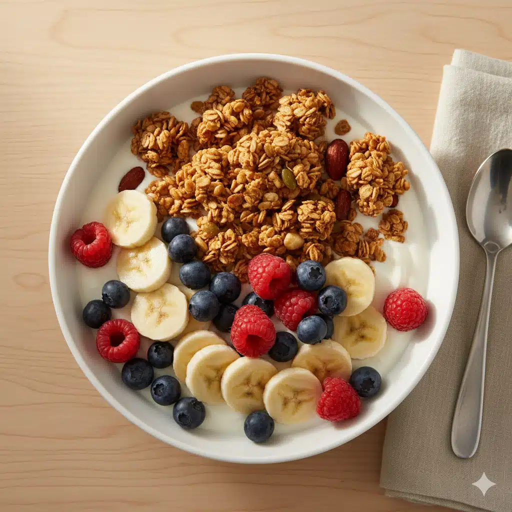 petit-dejeuner-sans-sucre-1 Bol de granola maison croustillant sur yaourt nature avec fruits frais colorés, sur table en bois clair.