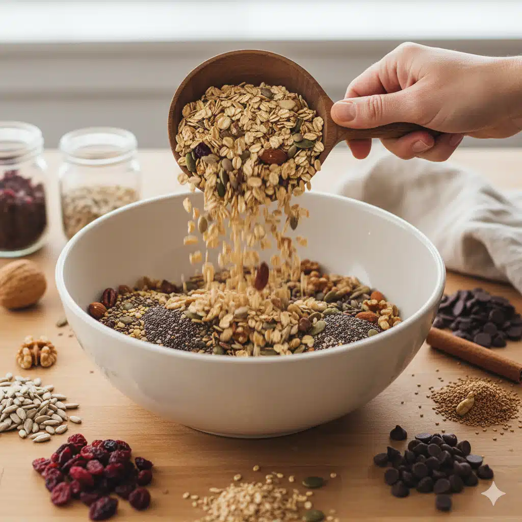 petit-dejeuner-sans-sucre-3 Préparation de granola maison avec flocons d’avoine, noix et graines, sur plan de travail en bois clair.