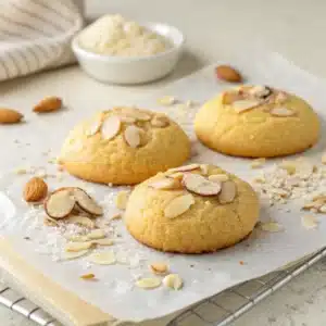 Gros plan de cookies aux amandes sans sucre dorés et moelleux sur du papier cuisson, recette healthy facile et équilibrée.