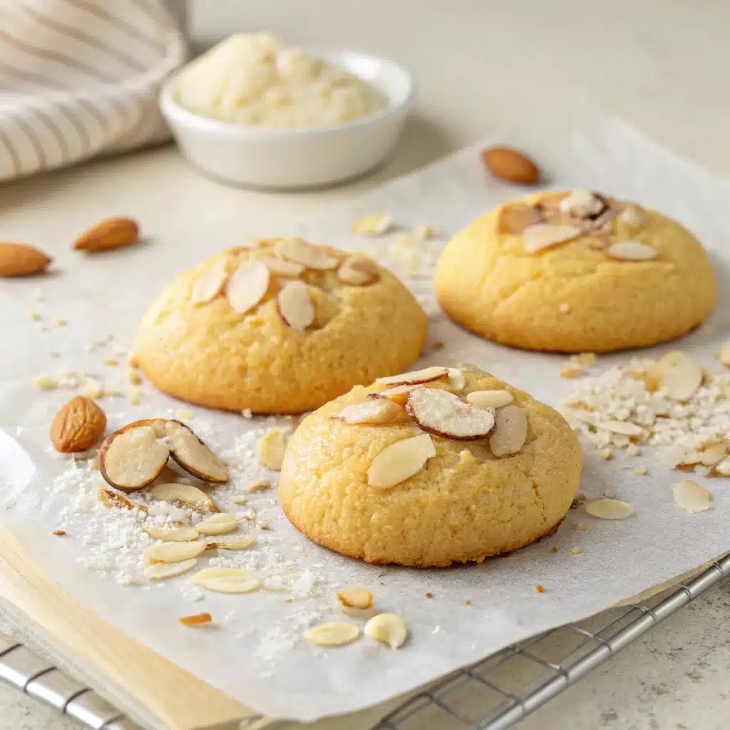 Gros plan de cookies aux amandes sans sucre dorés et moelleux sur du papier cuisson, recette healthy facile et équilibrée.
