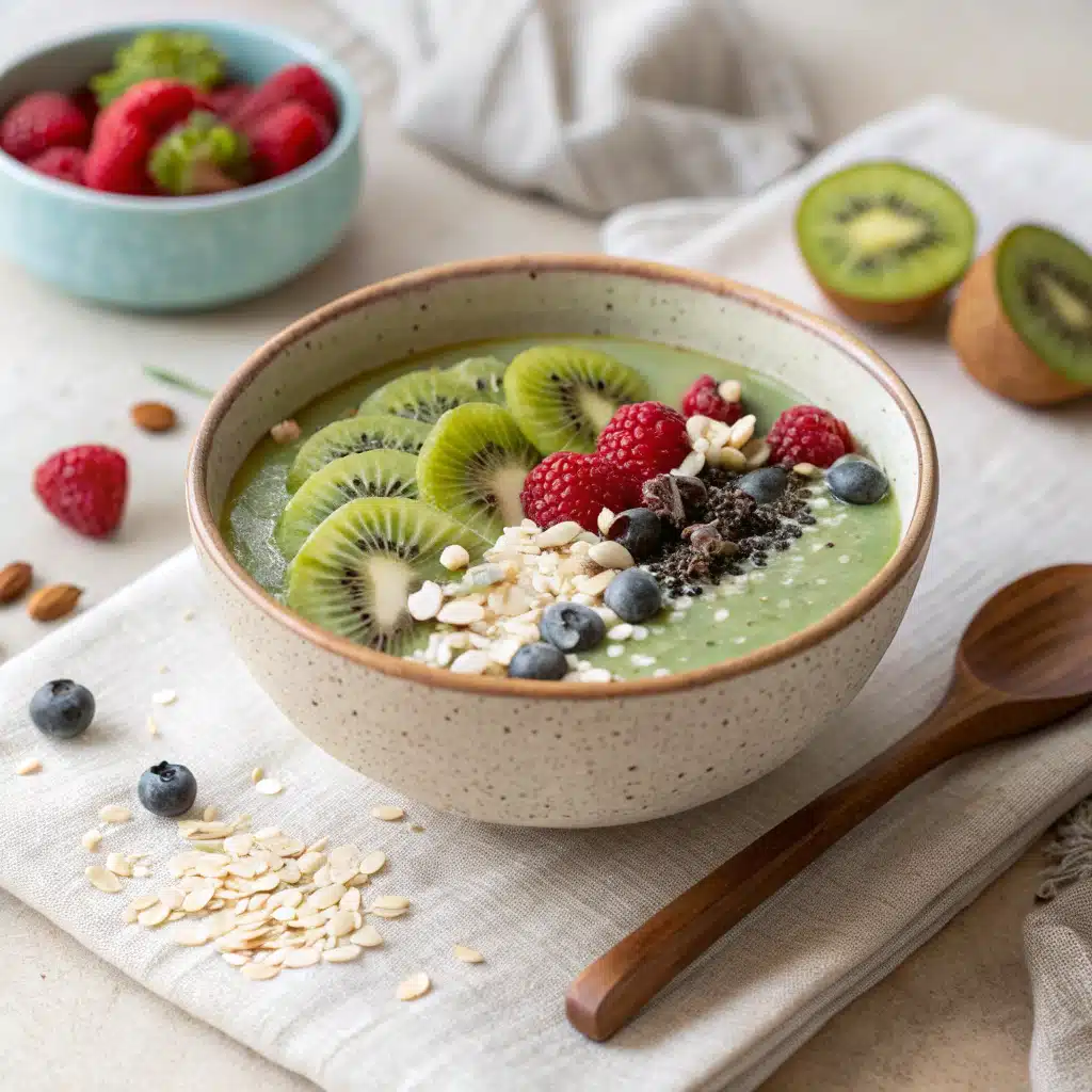 Vue du dessus d’un smoothie bowl coloré végan sans sucre, décoré de fruits frais et granola, dans une lumière naturelle chaleureuse.