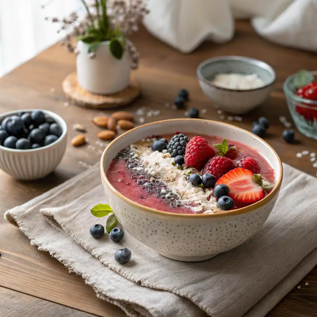 Smoothie bowl végan sans sucre avec fruits rouges, graines de chia et coco râpée sur une table en bois éclairée par la lumière du matin.