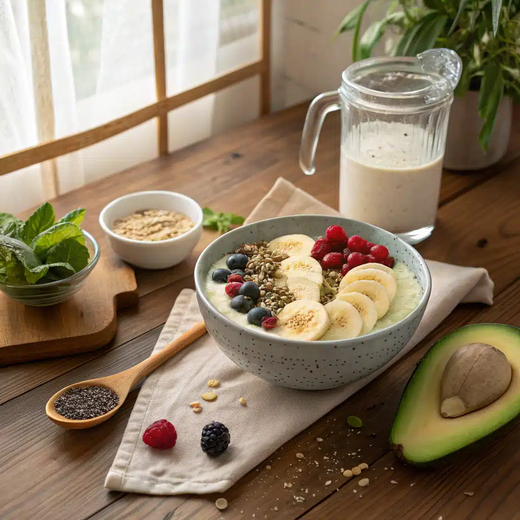 Ingrédients pour un smoothie bowl végan sans sucre : banane, avocat, flocons d’avoine, graines de chia, yaourt soja et fruits rouges disposés sur une table en bois avec un blender.
