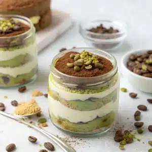 Gros plan d’une verrine transparente de tiramisu healthy aux pistaches, montrant des couches de crème à la pistache et de biscuits imbibés de café, saupoudrées de cacao et de morceaux de pistaches, sur un fond blanc épuré pour une présentation claire