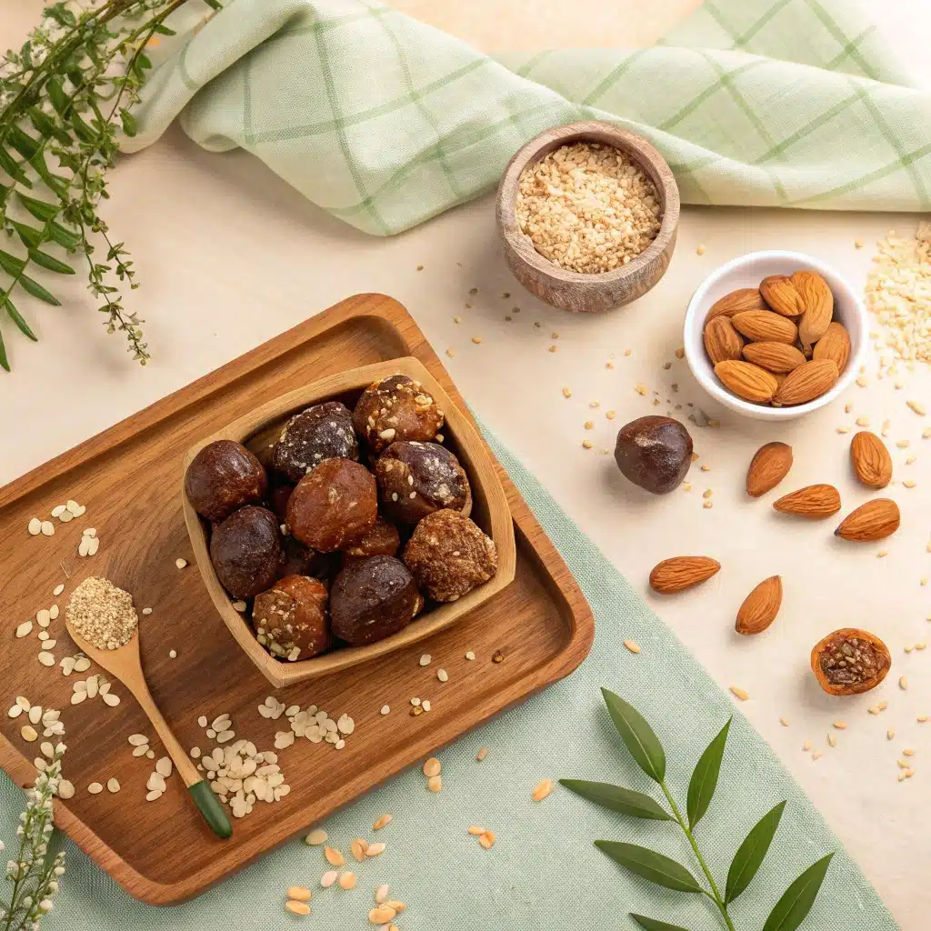 Energy balls aux dattes et cacao sur un plateau en bois | Recette healthy sans sucre ajouté et facile
