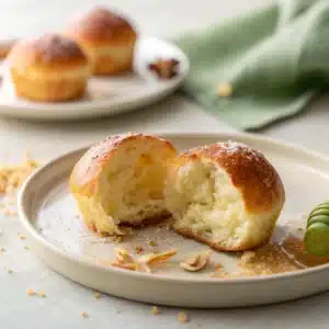 Brioche healthy moelleuse coupée en deux sur assiette claire | Recette rapide sans sucre ni beurre