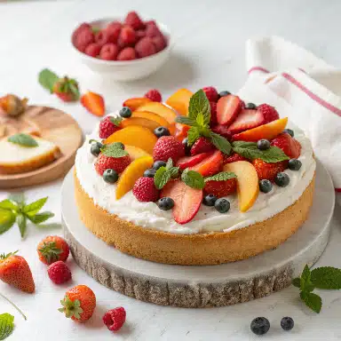 L’alt text est descriptif, concis (moins de 100 mots), et intègre des mots-clés comme "gâteau aux fruits sans sucre" et "esthétique saine" pour le SEO, tout en décrivant clairement l’image pour l’accessibilité.