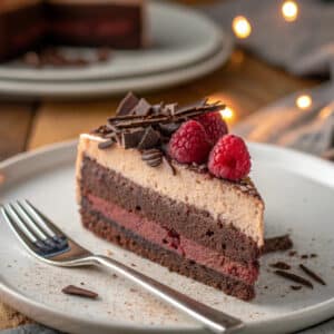 Gros plan d’une part de gâteau au chocolat light sans sucre sur une assiette blanche, montrant une couche moelleuse au chocolat noir et une mousse aérienne au cacao, garnie d’une framboise et de copeaux de chocolat. Fourchette à côté, fond légèrement flou, style gourmand.