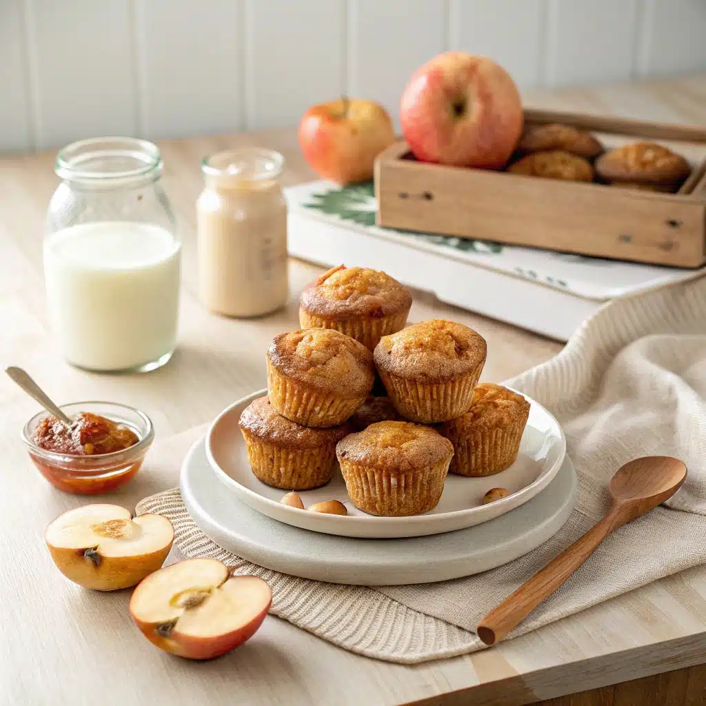 Scène de cuisine chaleureuse avec une assiette de muffins aux pommes sans sucre empilés, un verre de lait, des tranches de pommes et un pot de compote de pommes sur une table en bois clair avec une serviette en lin.