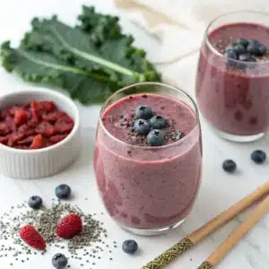 Gros plan d'un smoothie superfood sans sucre dans un verre transparent, montrant une texture lisse avec des morceaux de myrtilles et des graines de chia dispersées. Fond blanc épuré avec une paille en bambou à côté et quelques baies de goji, présentation claire et professionnelle pour une fiche recette vegan detox