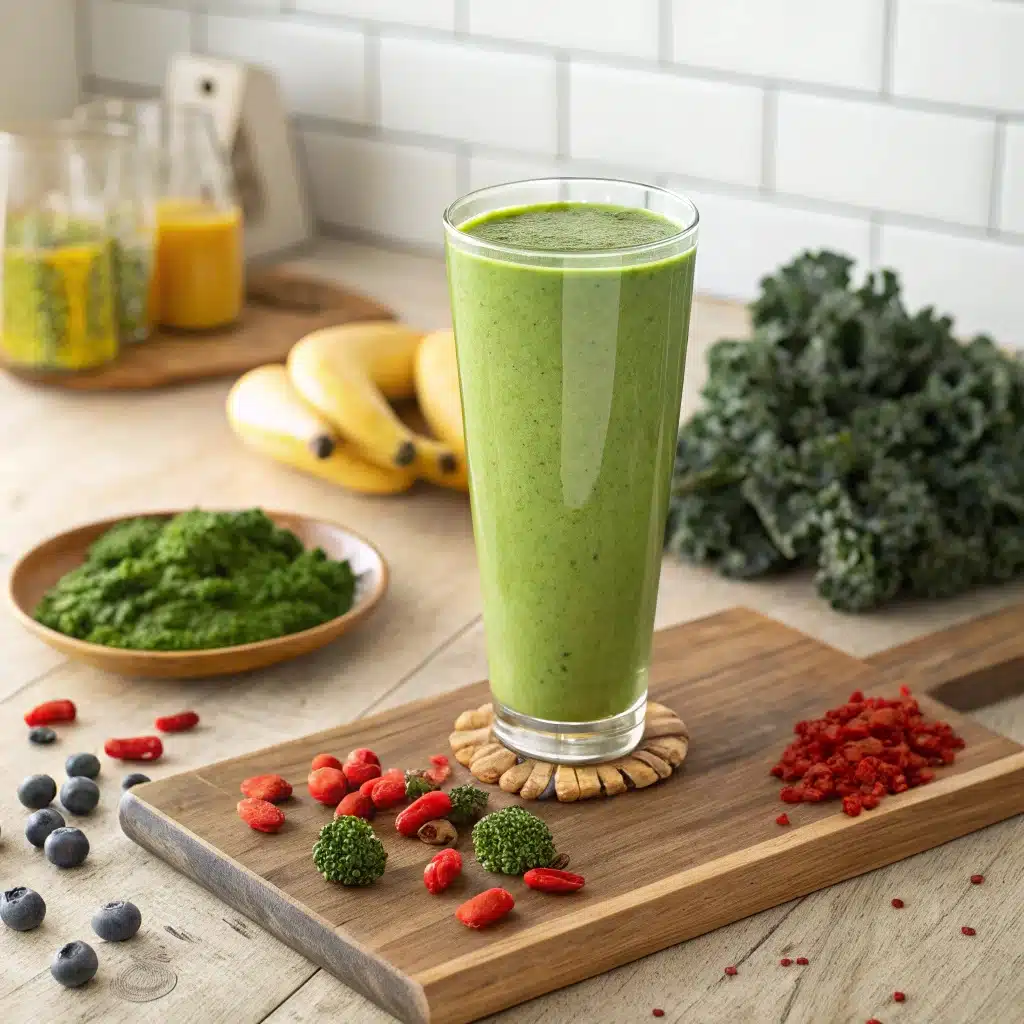 Un verre haut rempli de smoothie superfood sans sucre de couleur verte vibrante, préparé avec du chou kale, des myrtilles et des baies de goji, posé sur une table en bois dans une cuisine lumineuse. Des ingrédients frais comme le kale, la banane et le citron entourent le verre, avec des rayons de soleil créant une ambiance detox naturelle et saine."