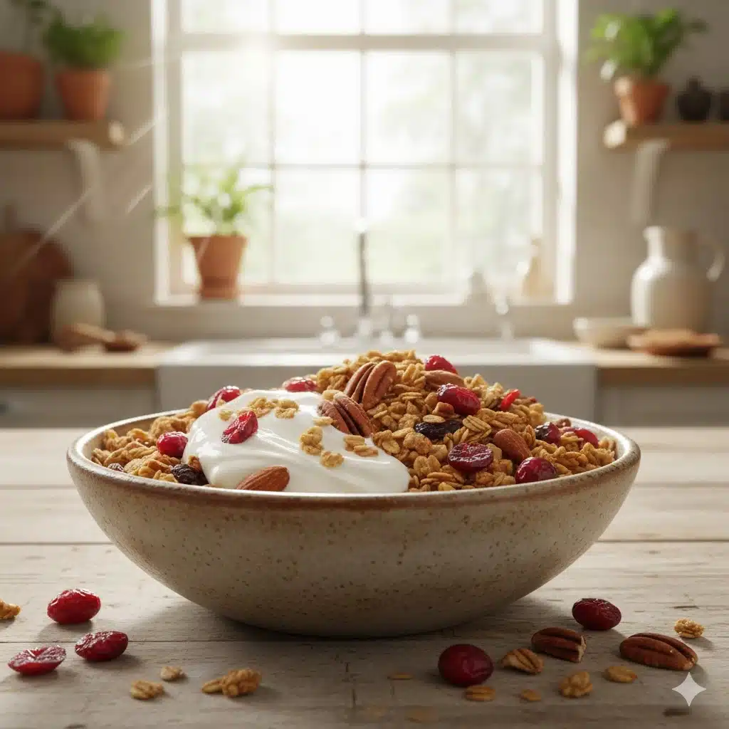 Un bol rustique rempli de granola maison sans sucre avec des flocons d’avoine dorés, des amandes, des noix de pécan et des cranberries, servi avec du yaourt grec et des tranches de pommes ou framboises. Posé sur une table en bois clair dans une cuisine lumineuse avec des rayons de soleil, mettant en valeur une ambiance saine et croustillante.