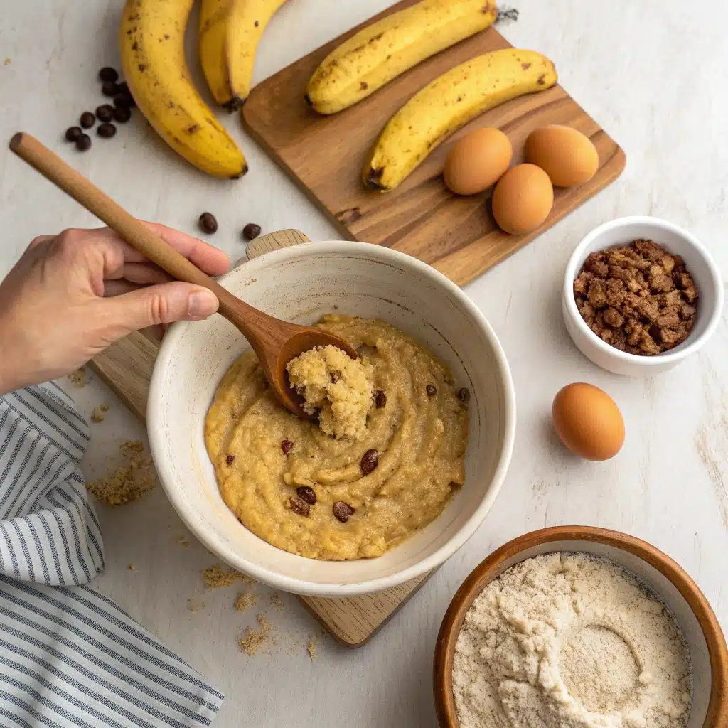 Préparation du banana bread healthy avec bananes et purée de dattes