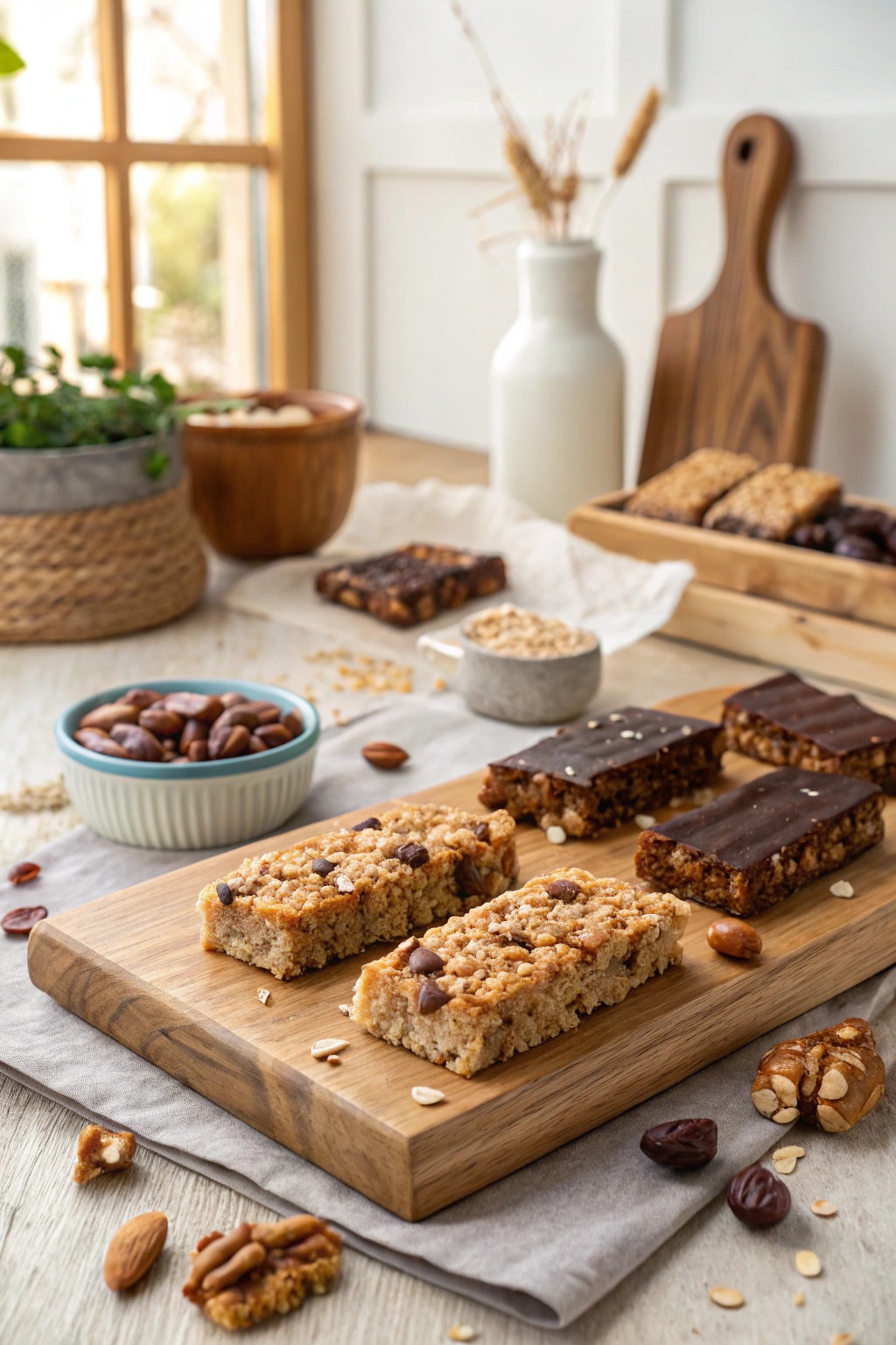 Gros plan sur une barre de céréales healthy à base d’avoine, dattes et miel, texture moelleuse et naturelle.