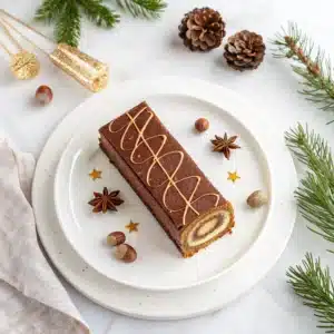 Bûche pralinée réalisée au Thermomix, génoise roulée avec mousse pralinée, glaçage au chocolat et décoration