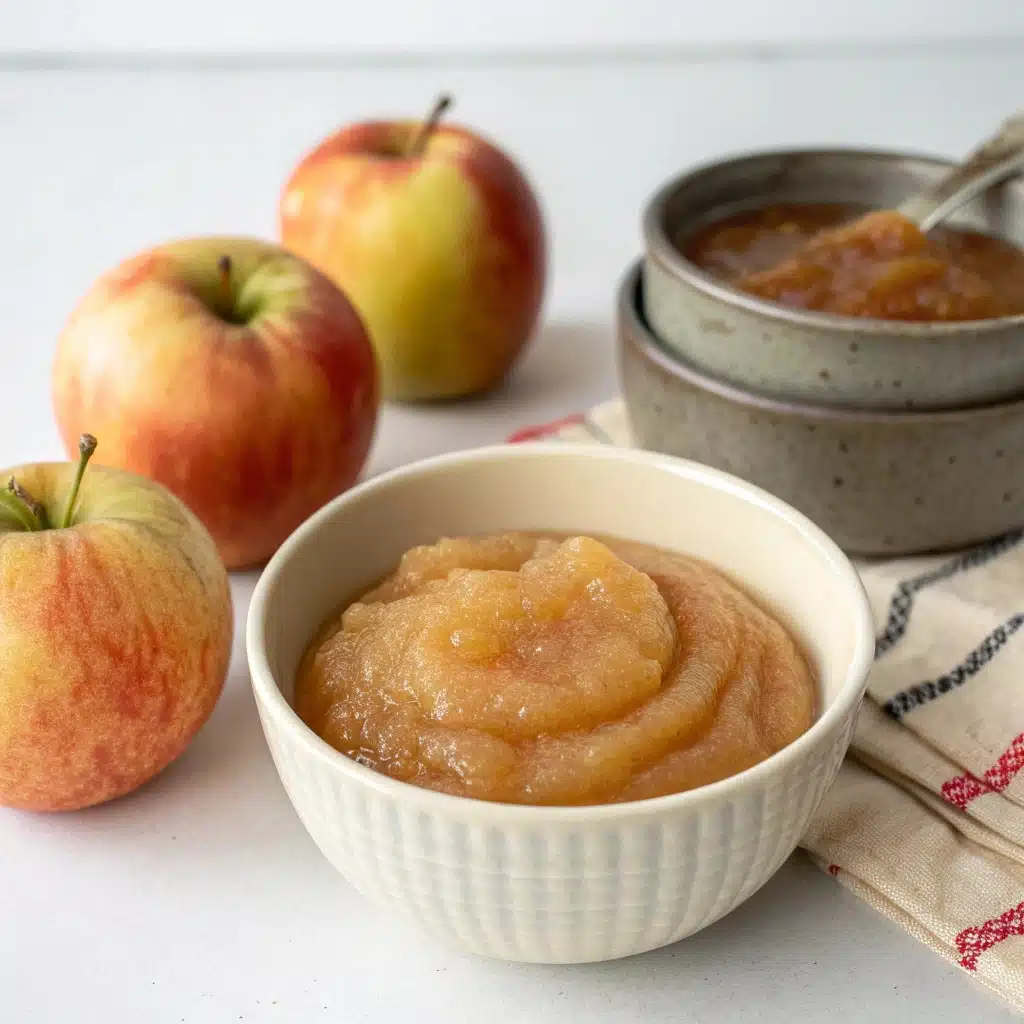 Bol de compote sans sucre réalisée au Thermomix, avec des pommes en arrière-plan.