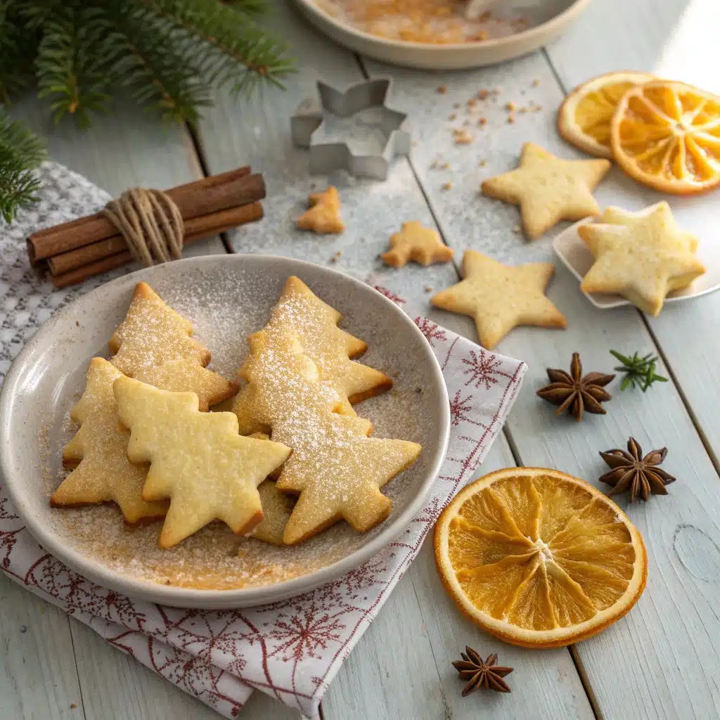 Biscuits sablés d’hiver sans sucre en forme d’étoiles et sapins, parfumés à la cannelle et orange