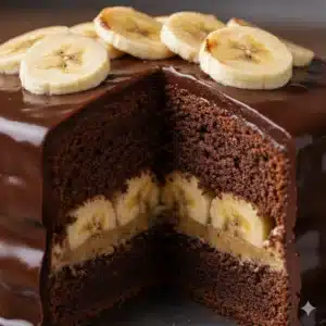 Gros plan d'une part de gâteau au chocolat moelleux, révélant la garniture de bananes en tranches à l'intérieur. Glaçage au chocolat lisse et décadent."