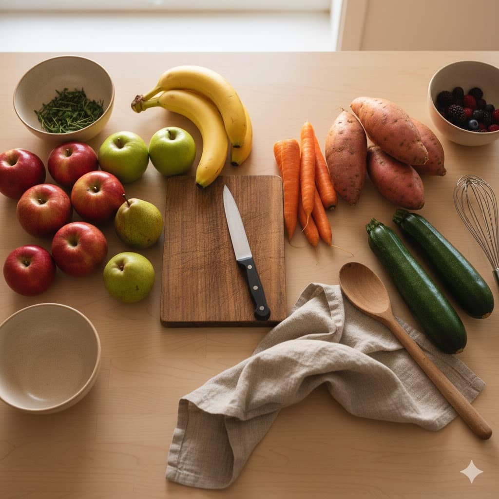 Cuisine lumineuse avec fruits et légumes frais disposés sur un plan de travail en bois.