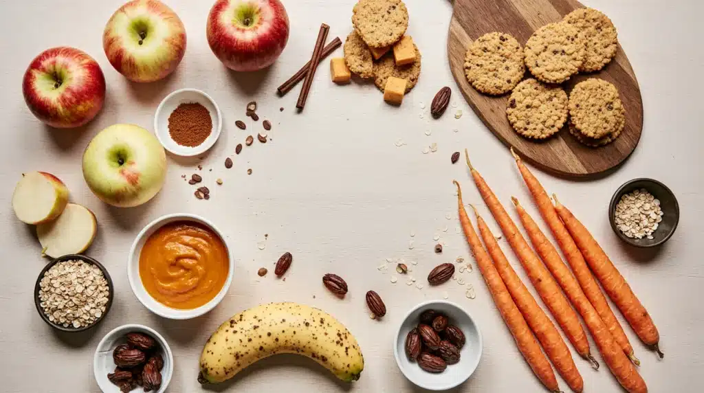 Ingredients and sugar-free cookies arranged in a clean flat-lay on a light wooden surface.