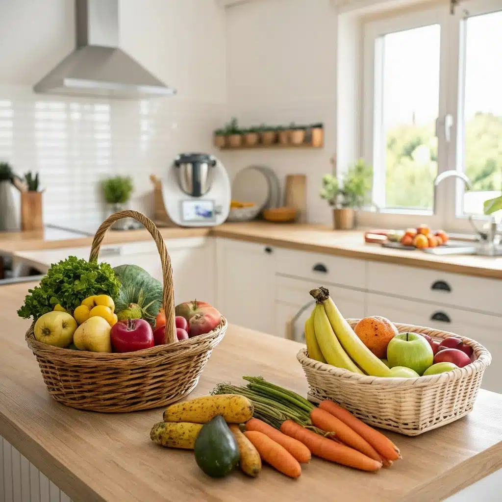 recettes thermomix et légumes frais dans une cuisine familiale lumineuse.