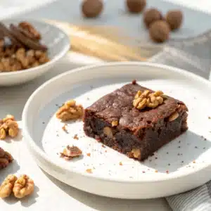 Carré de brownie dattes noix présenté sur une assiette blanche, dessert healthy riche en fibres.”