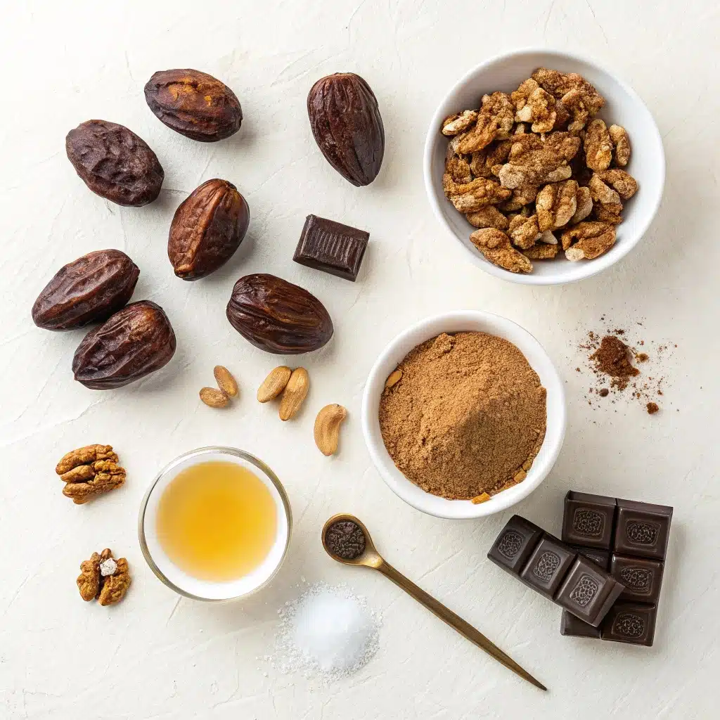 Ingrédients pour brownie healthy : dattes, noix, cacao, farine d’avoine, huile de coco et vanille, photographie en flat lay.”