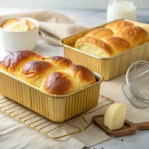 Brioche skyr en cuisson dans un moule, aspect doré et texture aérée