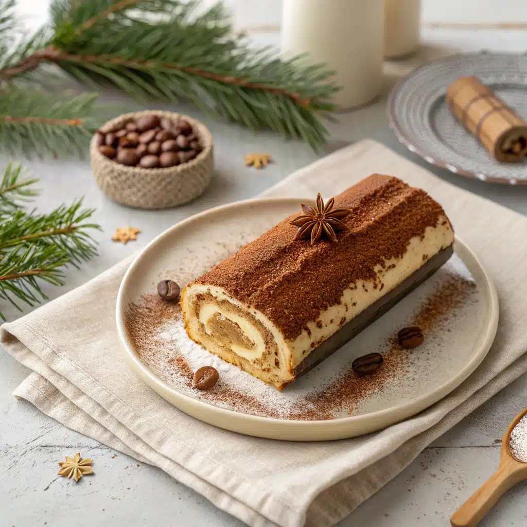 Bûche tiramisu sans œufs maison, crémeuse et légère, une recette familiale healthy et festive.