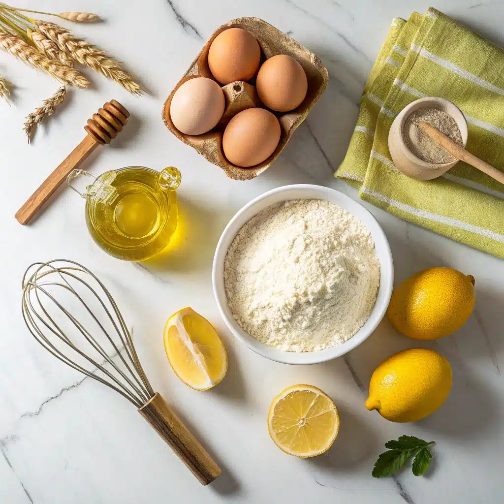 Ingrédients naturels pour cake au citron : farine complète, citron bio, miel, yaourt et huile d’olive