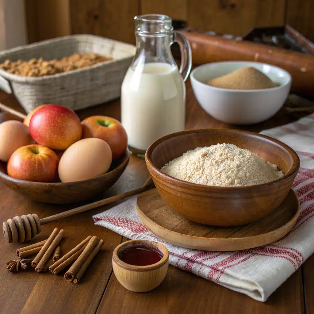 Ingrédients frais et bio pour crêpes aux pommes : farine, pommes, lait végétal et épices, prêts pour une préparation simple et équilibrée.