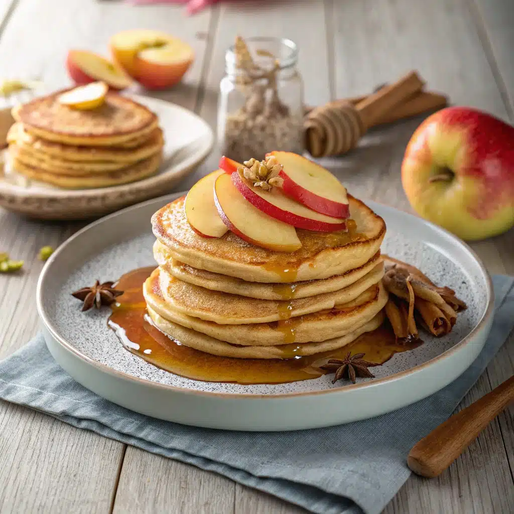 Crêpes aux pommes moelleuses et saines, garnies de fruits frais et sirop d'érable, idéales pour un brunch nutritif.