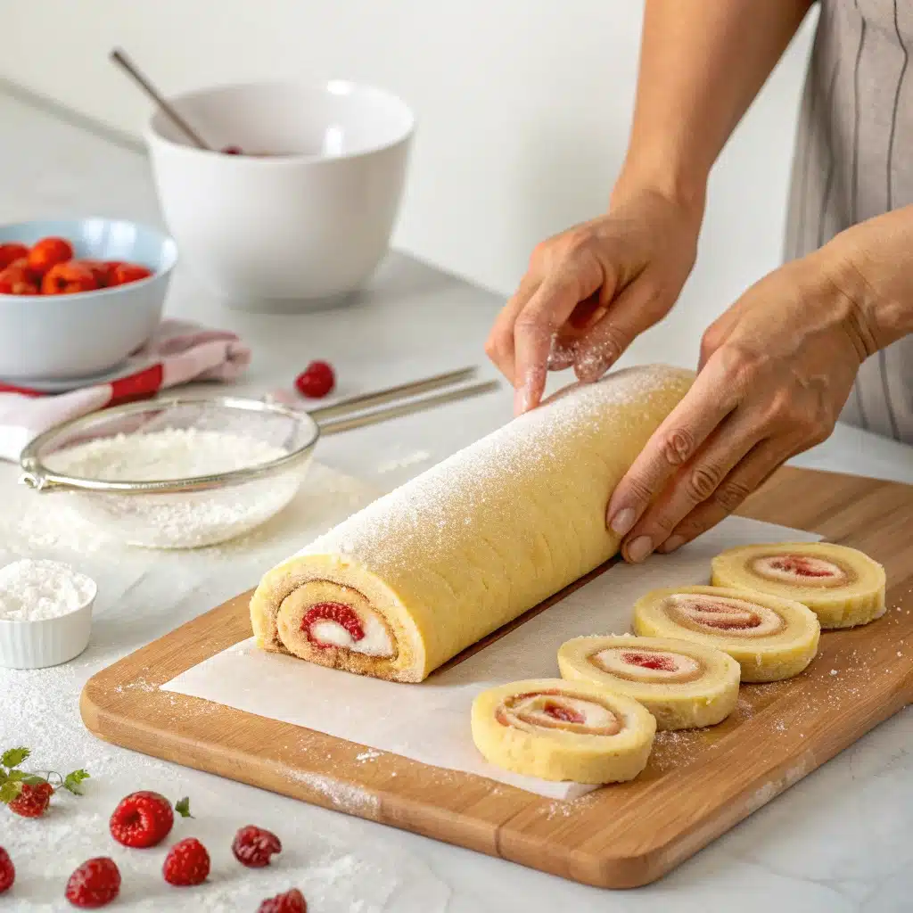 Étape de roulage du gâteau roulé, texture moelleuse pour une alimentation équilibrée".