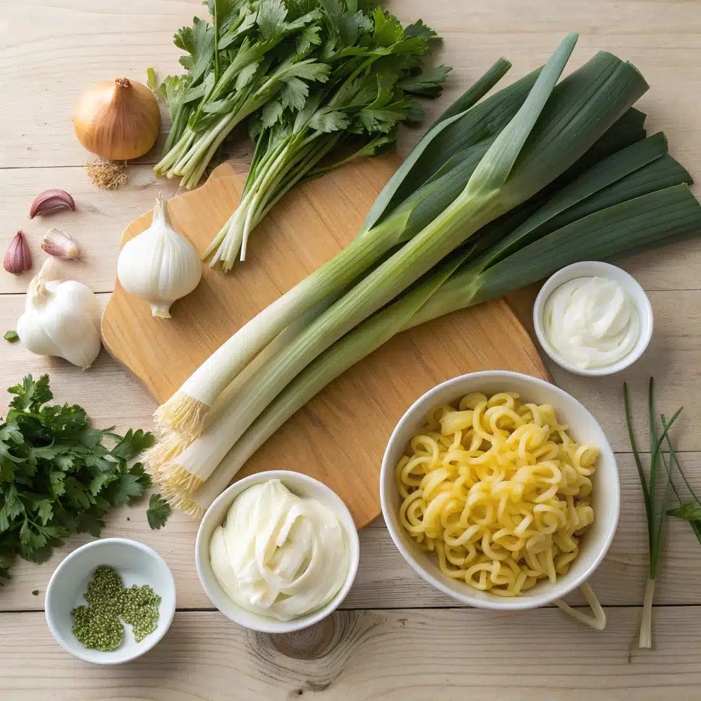 Ingrédients frais pour pâtes aux poireaux : recette healthy avec bienfaits nutritionnels pour alimentation équilibrée