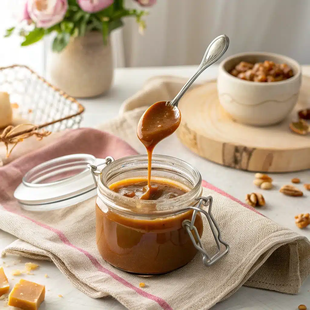 Pot de praliné maison sur table en bois, ambiance rustique et chaleureuse.