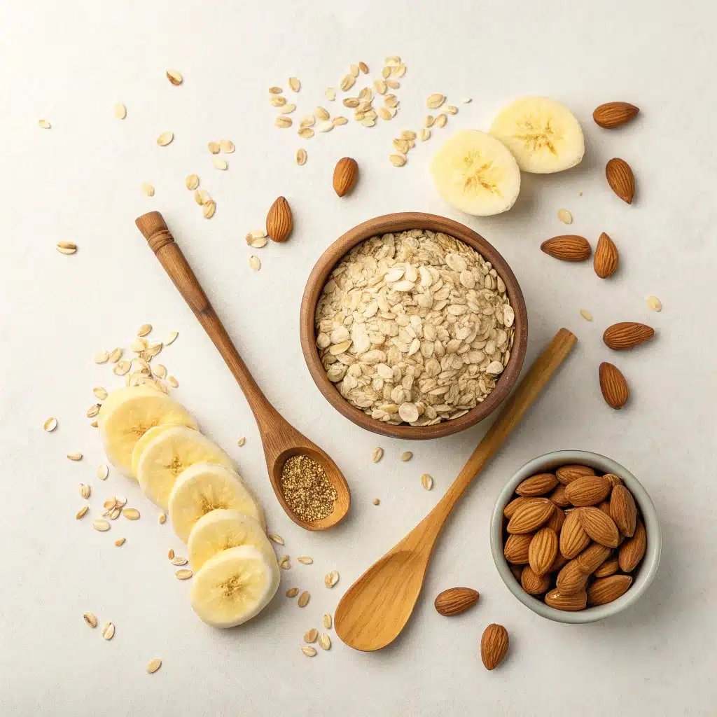 Avoine, banane, amandes, sur fond clair avec ustensiles bois.