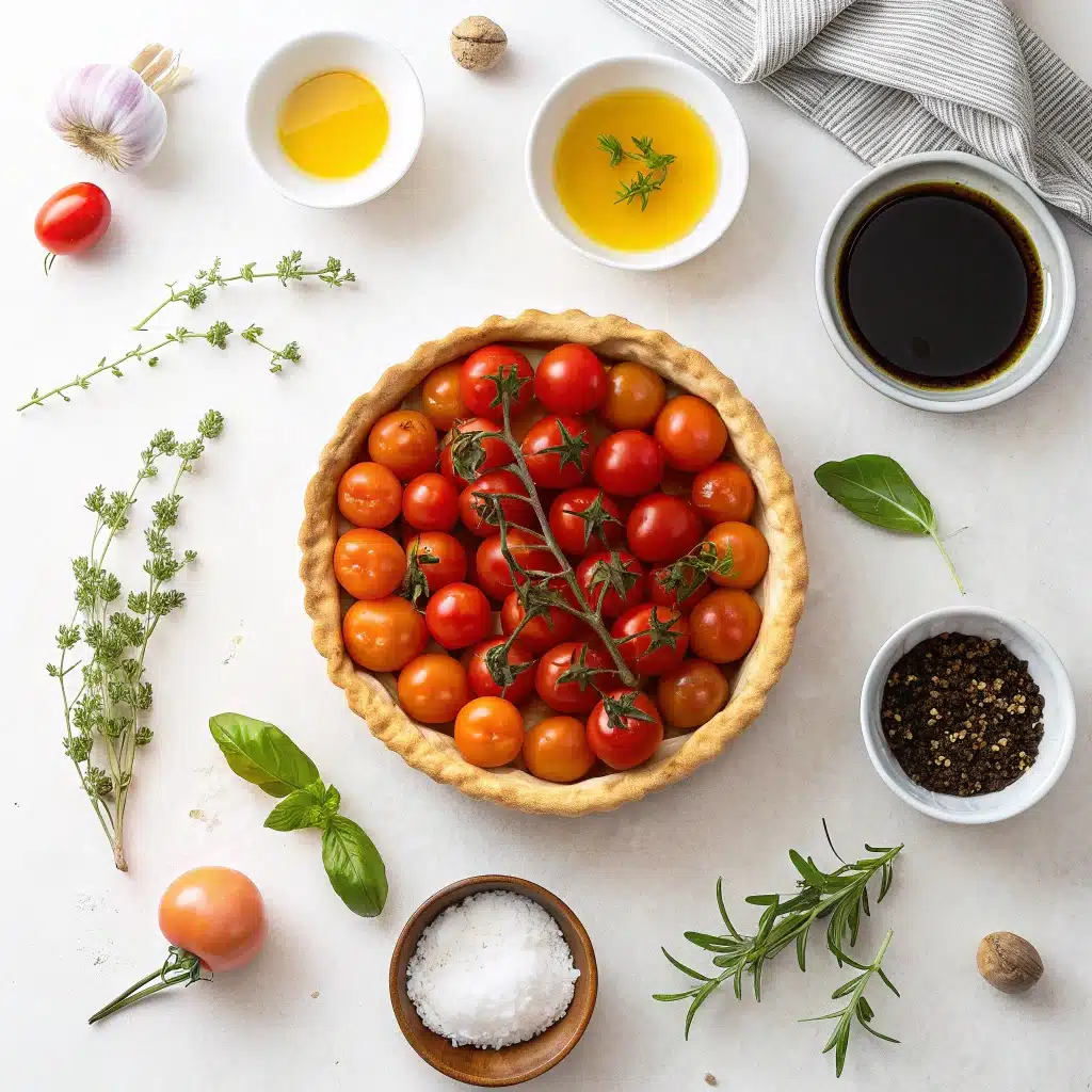 Ingrédients frais pour préparer une tarte tatin tomate healthy.
