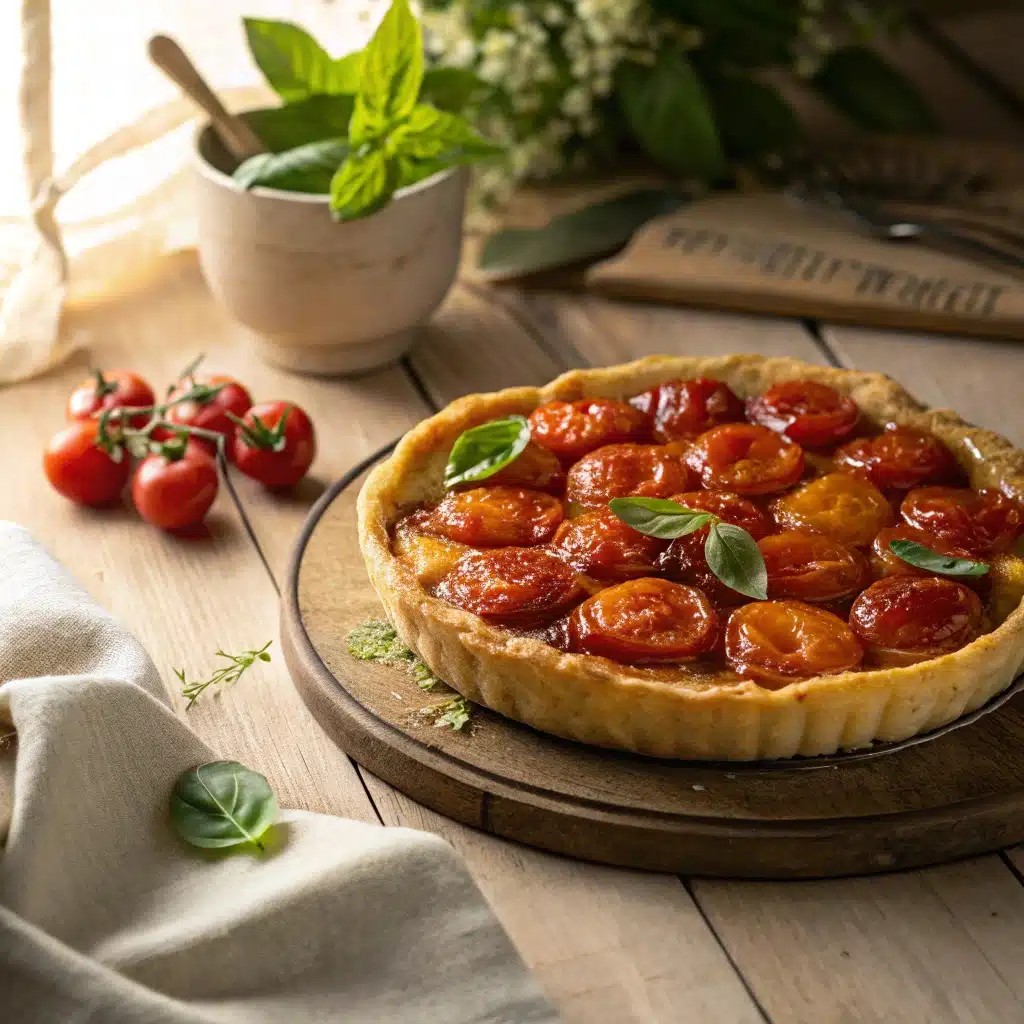 Tarte tatin tomate caramélisée et dorée, recette healthy pour un repas équilibré.