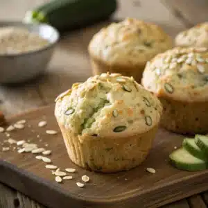 Gros plan sur des muffins salés aux courgettes fraîchement sortis du four, avec une croûte dorée craquelée
