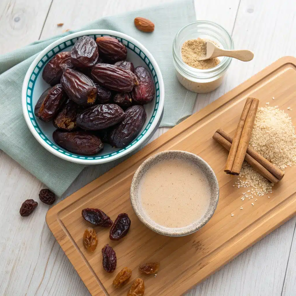 Ingrédients naturels pour une recette healthy au tahini et dattes