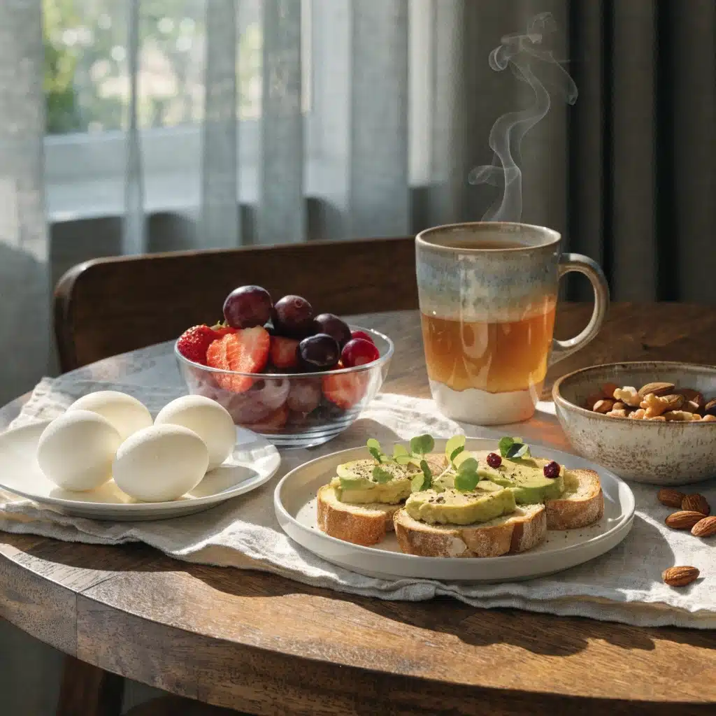 Petit déjeuner sans sucre avec œufs, avocat et oléagineux présenté sur un fond clair minimaliste