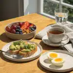 Petit déjeuner sans sucre avec avocat, flocons d’avoine, fruits frais et noix sur une table en bois avec lumière naturelle