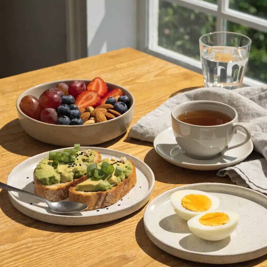 Petit déjeuner sans sucre avec avocat, flocons d’avoine, fruits frais et noix sur une table en bois avec lumière naturelle