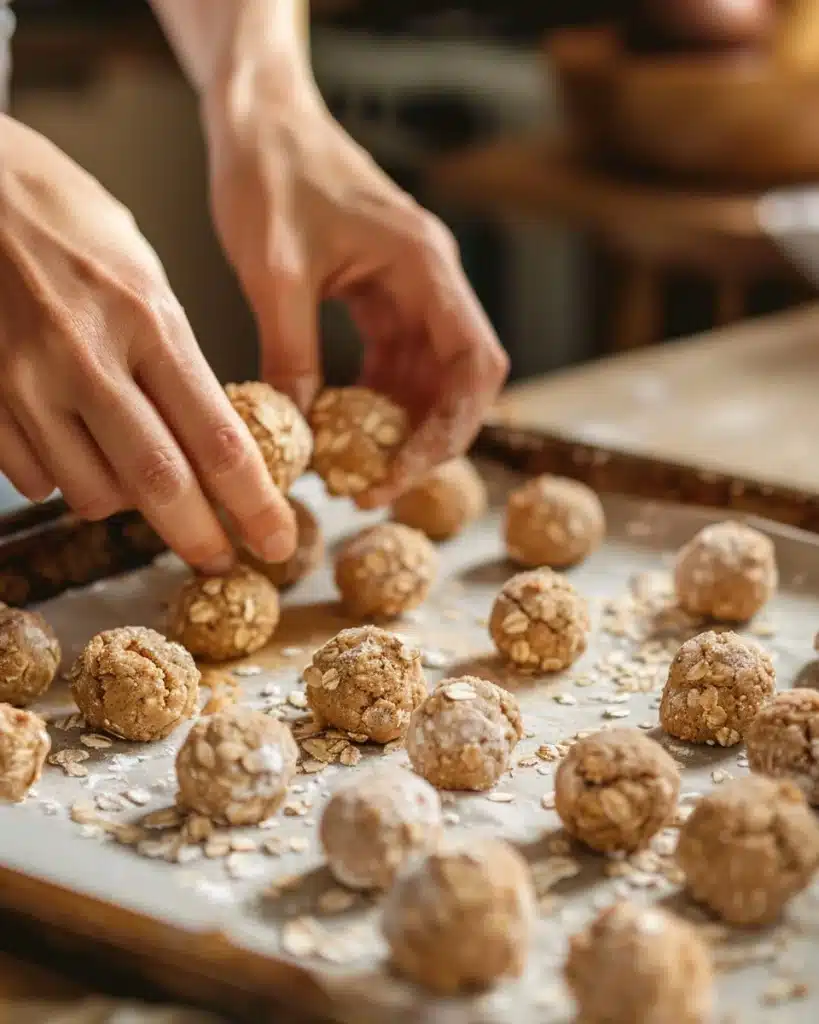 Formation des boules de pâte pour cookies flocons d'avoine sur plaque de cuisson