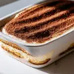 Tiramisu sans sucre maison dans un plat blanc, saupoudré de cacao — recette healthy