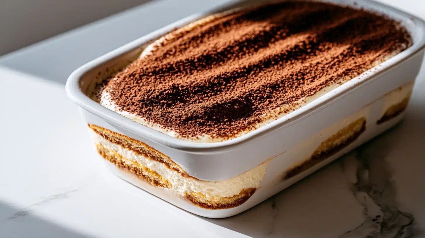 Tiramisu sans sucre maison dans un plat blanc, saupoudré de cacao — recette healthy