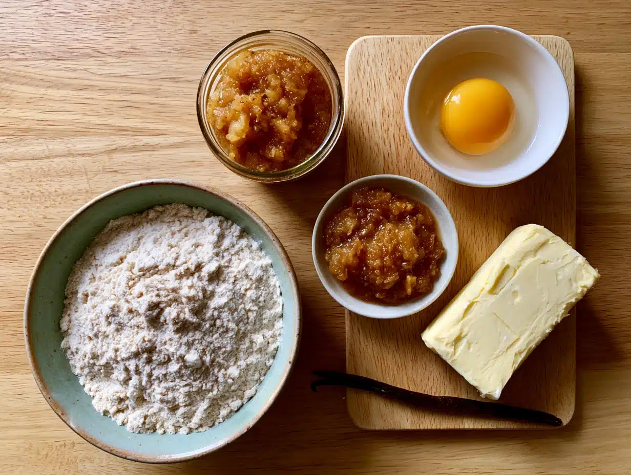 u5293872759_Flatlay_of_exact_baking_ingredients_a_bowl_of_who_469de202-959b-49dc-b27b-e2e40f145471_2 Ingrédients pour sablés sans sucre : farine, compote de pommes, beurre"