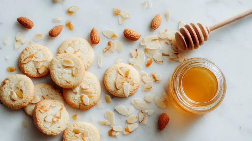 Sablés aux amandes healthy croustillants sans sucre ajouté sur marbre blanc