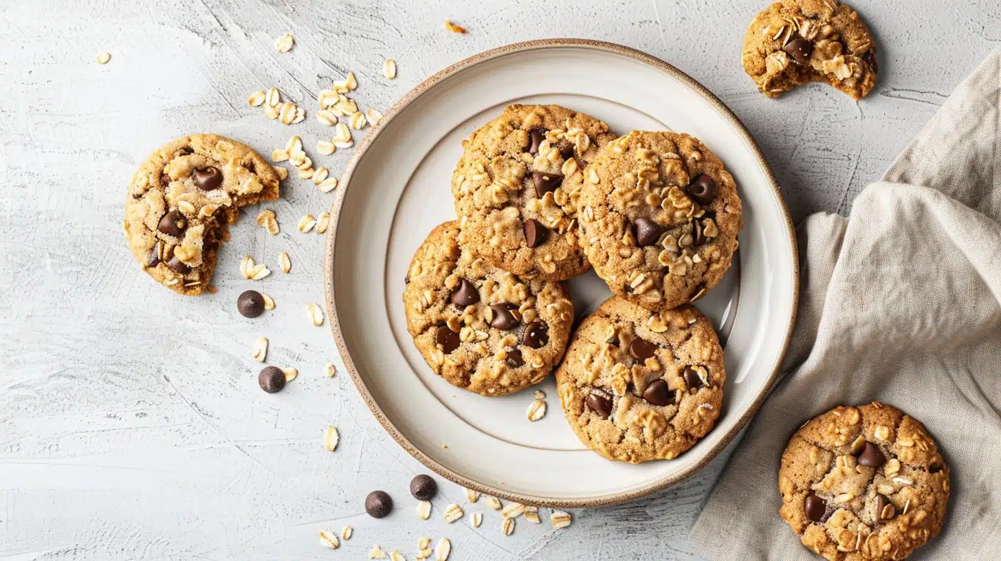 Cookies flocons d'avoine healthy sans sucre raffiné sur une assiette blanche en céramique
